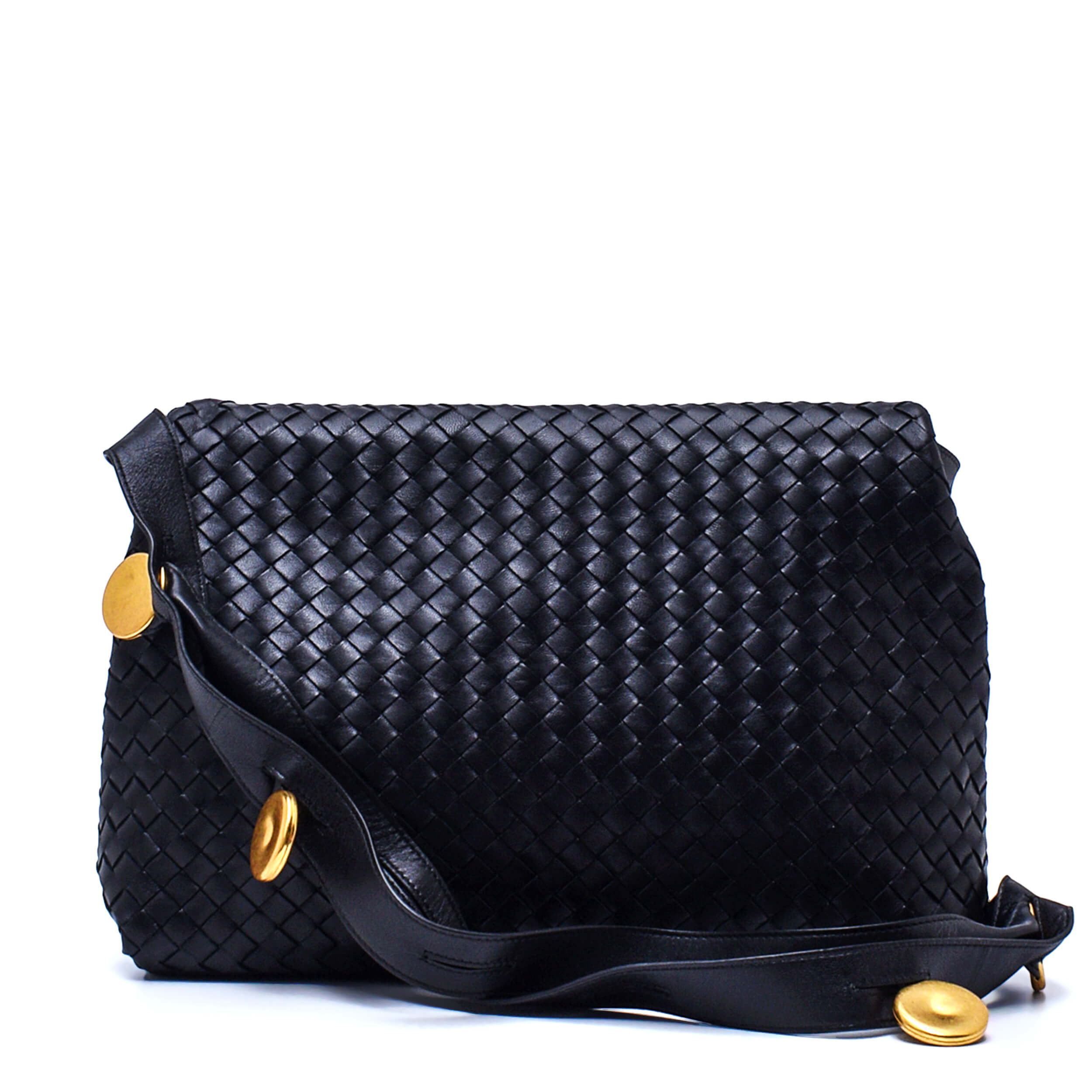 Bottega Veneta -  Black Intrecciato Leather BV Fold Messenger Bag